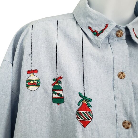 VTG NutCracker Denim Shirt Embroidered Ornaments Teachercore Holiday Womens 18W - Picture 3 of 12